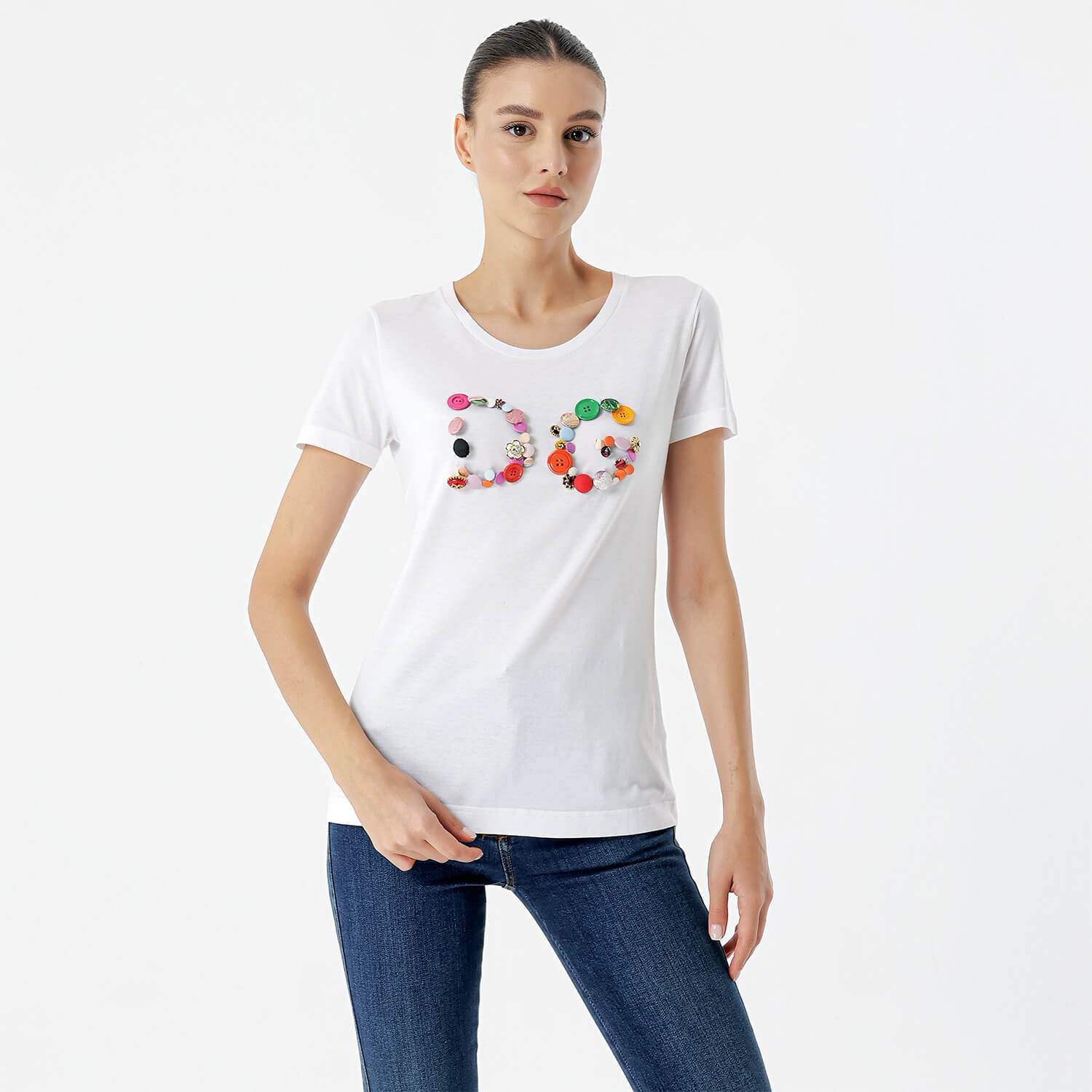 Dolce&Gabbana - White Cotton D&G Logo Button Detail Tshirt